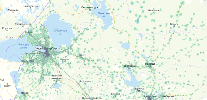 Зона покрытия МТС на карте Тюмень 
